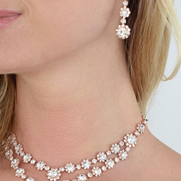 Rose Gold ✨ Two Row Rhinestone 💎Necklace & Earrings Set LuxFashionGalleria.com - Picture 3 of 6